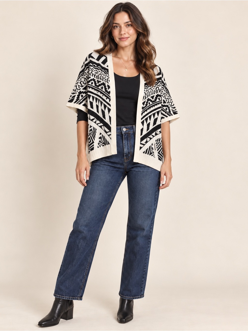 Jealous Tomato Black Cream Geometric Kimono Cardigan S/M Boho Open Front Sweater